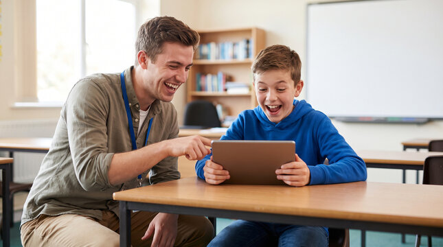 Enthusiastic male teacher and a young boy laughing together in a bright classroom during a shared eureka moment while solving a difficult educational concept on a tablet.