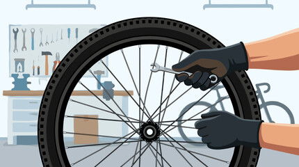 Naklejka premium Close-up of hands in gloves adjusting bicycle wheel spokes with a wrench