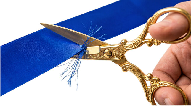 Golden vintage scissors cutting a blue ribbon isolated on transparent background