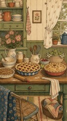 Naklejka premium Vintage kitchen scene with pies, perfect for a cozy mobile wallpaper.