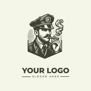 Vintage style illustration of a police officer smoking a cigar for a logo design.