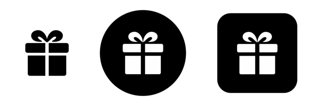 Gift box icon set with present and bonus symbols. Solid black promotion and reward icons for ecommerce, games and shopping interfaces