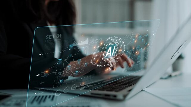 AI neural network and data processing system visualizing artificial intelligence with brain structure, chip, and connected data blocks for computation and learning Marrow
