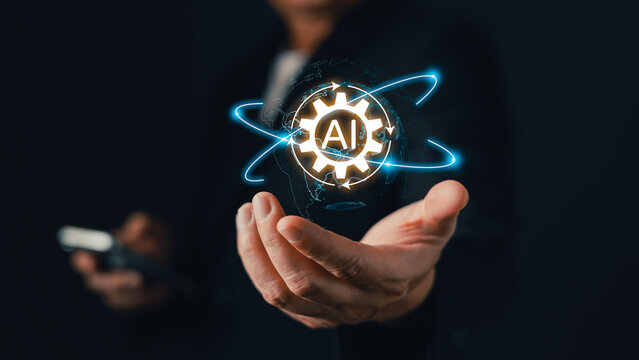 Businessman holding virtual glowing globe with AI gear icon. Global network connection, machine learning, and business automation concept for future digital technology transformation.
