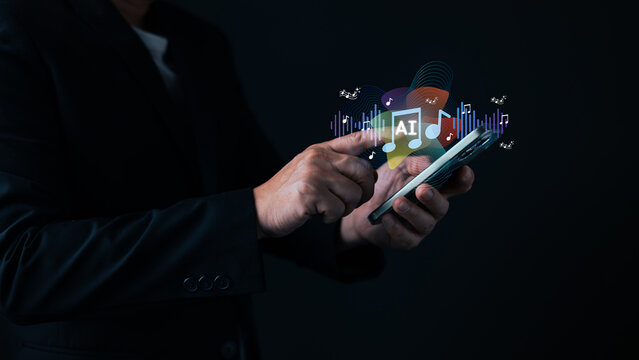 Businessman using smartphone with virtual AI music notes and sound waves. Artificial intelligence audio generation, digital entertainment, and smart technology concept on dark background.