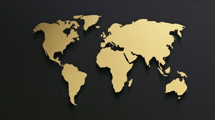 Naklejka premium Gold textured world map silhouette on a dark black background for global business concepts.