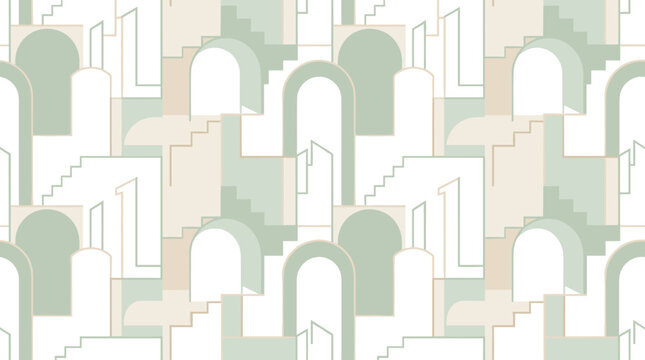 Abstract architectural pattern with arches and stairs in soft pastel colors