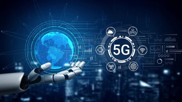 Futuristic Robot Hand Reaching Out to a Glowing Digital Globe with 5G Technology Icons Representing Connectivity and Advanced Communication Systems. Entropy.