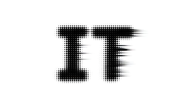 IT text logo with halftone pixel glitch effect.