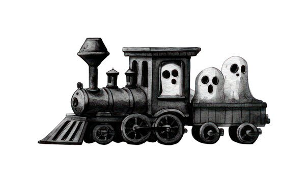 PNG Whimsical ghost train illustration in black and white.