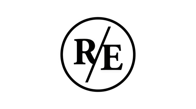 RE monogram logo in black circle on white background.
