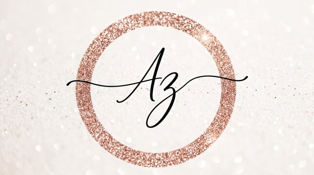 Script letter AZ monogram in rose gold glitter circle.
