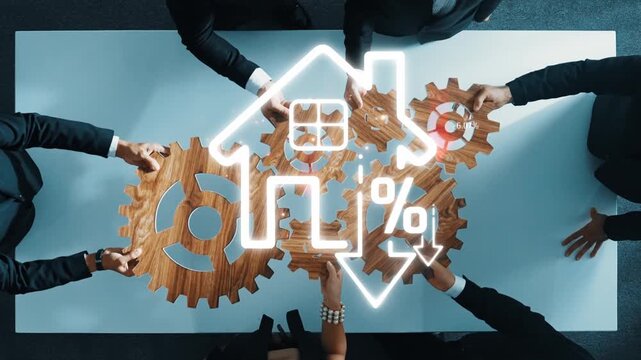 Team Collaboration on Real Estate Market Analysis with Gears and House Symbol in a Professional Setting Sigmoid