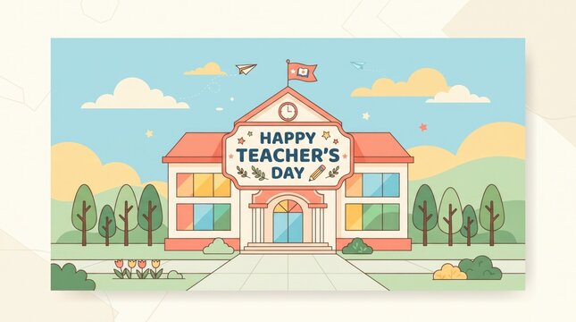 Colorful illustration of a school building with a happy teachers day banner