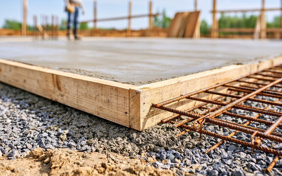 Fresh concrete poured into wooden formwork with steel reinforcement mesh