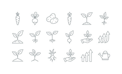 Fototapeta premium Collection of simple line icons representing plant growth and agriculture concepts
