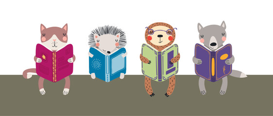 Naklejka premium Cute animals reading books illustration. Back to school, education, literature concept. Library, bookshop, classroom design element, clip art. Hand drawn vector cartoon characters