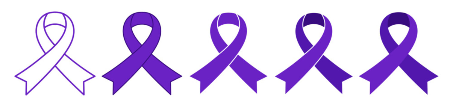 Purple awareness ribbon illustration set isolated. Campaign symbol. Vector clipart collection. Violence against women, domestic violence, Alzheimer disease, epilepsy, lupus, pancreatic, thyroid cancer