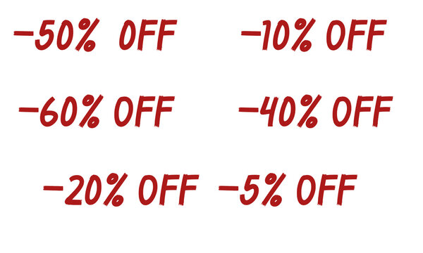 Etiquetas de descuento dibujadas a mano en rojo sobre fondo transparente, 50% 60% 40% 20% 10% 5% OFF