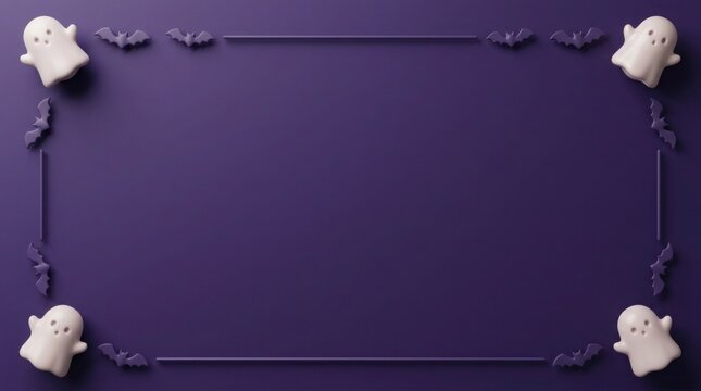 Halloween background with cute white ghost decorations forming a frame on a dark purple surface