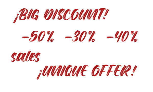 Etiquetas de descuento dibujadas a mano en rojo sobre fondo transparente, 50% 60% 40% 20% 10% 5% OFF
