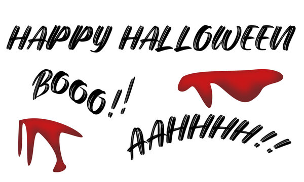 Happy Halloween texto manuscrito con letras negras, Booo y Aahhh, y manchas de sangre goteando sobre fondo transparente