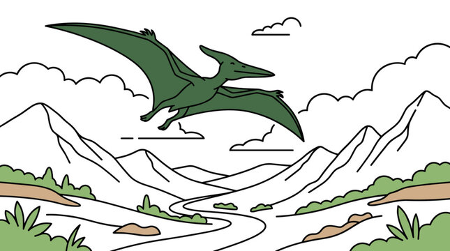 Green pterodactyl flying over a stylized mountain valley landscape