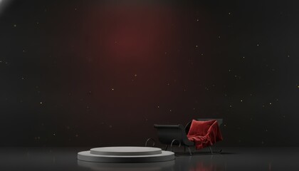 Fototapeta premium Empty round podium with a small black christmas sleigh and red blanket on a dark background with gold sparks