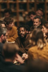 Fototapeta premium Group discussion in a cozy library setting with diverse individuals engaged in conversation