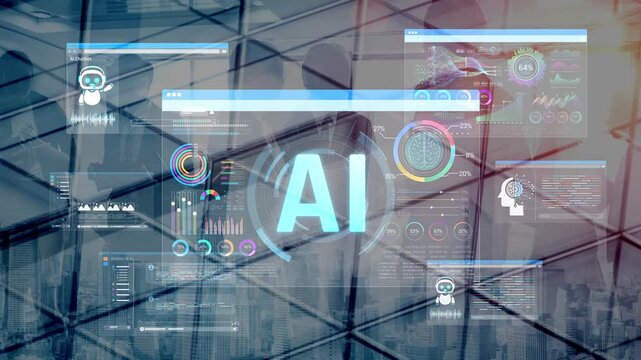 Futuristic Workspace with Artificial Intelligence Interface and Data Visualizations in Urban Setting with Business Professionals in the Background Sigmoid