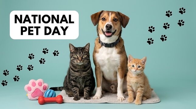 Dog and two cats sitting together for national pet day