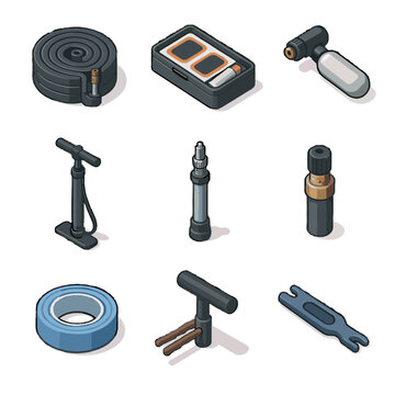 Tire pump rim plug valve kit core tool icon tape isometric vector