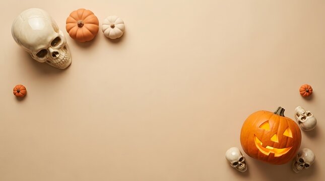 Halloween pumpkin and skulls on neutral background for festive autumn decor and spooky themes.