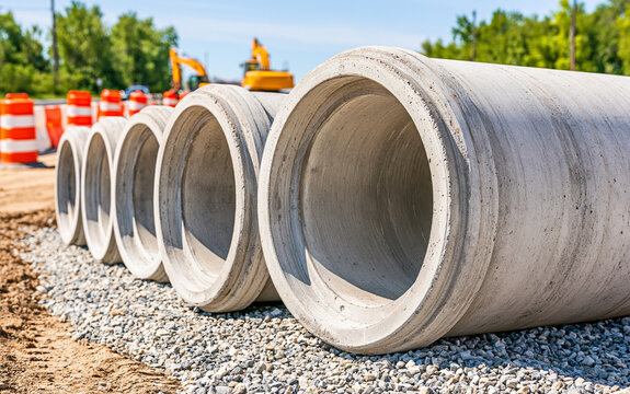 Large concrete pipes on gravel at road construction site