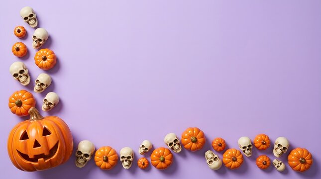 Halloween pumpkin jack-o-lantern with autumn candy corn and marigold garland on pastel background.