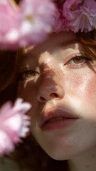 Portrait of a woman with pink flowers. © F@natka