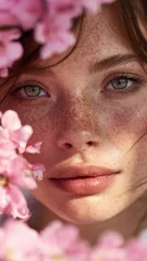 Portrait of a woman with pink flowers. © F@natka