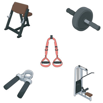 Colored Upper Body Fitness Equipment Bundle with Curl Bench Barbell Straps Grip Strengthener and Pulldown