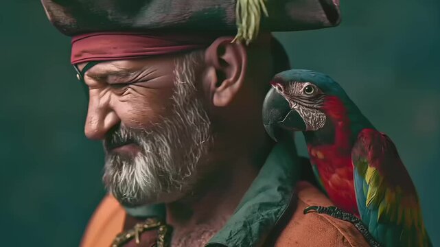 Europe medieval lifestyle. A closeup portrait of an elderly man with a beard and mustache, wearing a pirate costume. He wears a red bandana, a black eye patch, and a tricorn hat.