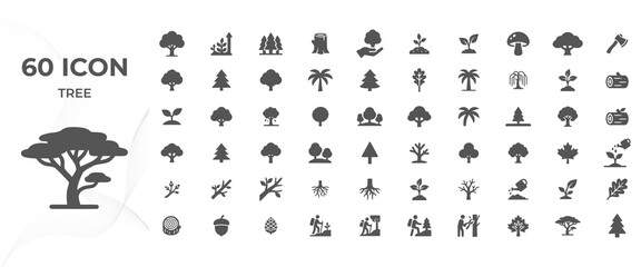 Obraz premium 60 Tree Icons Set, Minimalist Nature and Forest Tree Symbols Collection in Flat Vector Style for Ecology, Forestry, Environment, Gardening and Outdoor Design