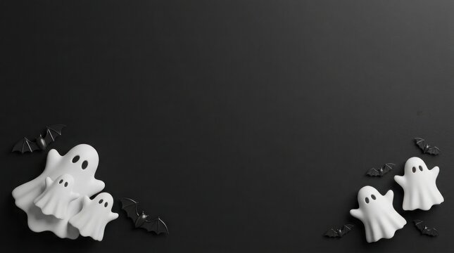 Small white ghost figurines arranged on a dark black background for a spooky halloween holiday celebration concept