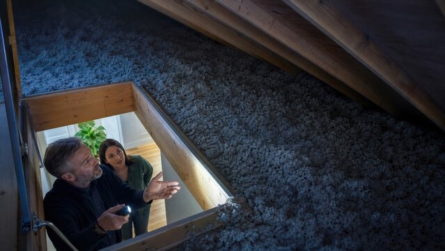 Man energy auditor inspecting attic cellulose insulation with flashlight while explaining to woman homeowner at hatch.