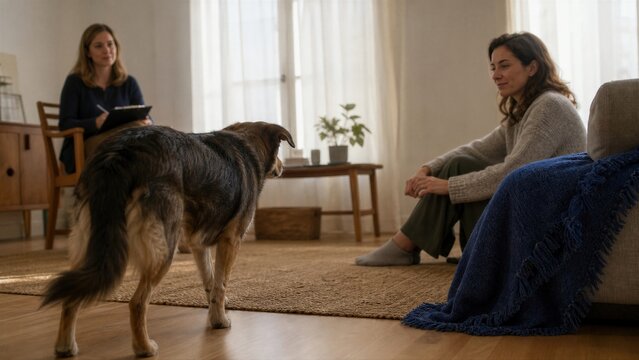 Woman with rescue dog during home consultation with animal behaviorist observing canine body language.