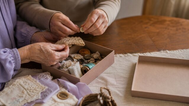 Senior women sorting vintage sewing box with buttons and lace on wooden table.