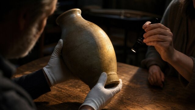 Senior man appraiser holding cracked antique ceramic vase with white gloves while woman examining damage with flashlight.