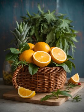 Fresh oranges and pineapple arranged in a wicker basket on a wooden board