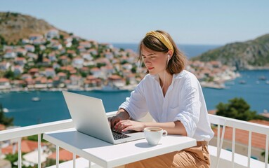 Fototapeta premium Woman working on a laptop as a digital nomad on a sunny coastal sea terrace view