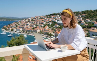 Fototapeta premium Woman working on laptop at a sunny coastal terrace in a beautiful mediterranean town