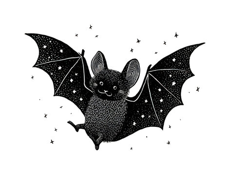 PNG Cute bat illustration with starry wings in whimsical sketch style