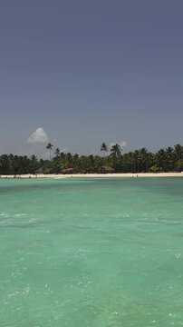 Breathtaking view of Saona Island in Punta Cana, Dominican Republic a Caribbean paradise known for its crystal-clear turquoise waters, powdery white sand, and swaying palm trees. Tourist boats anchor 